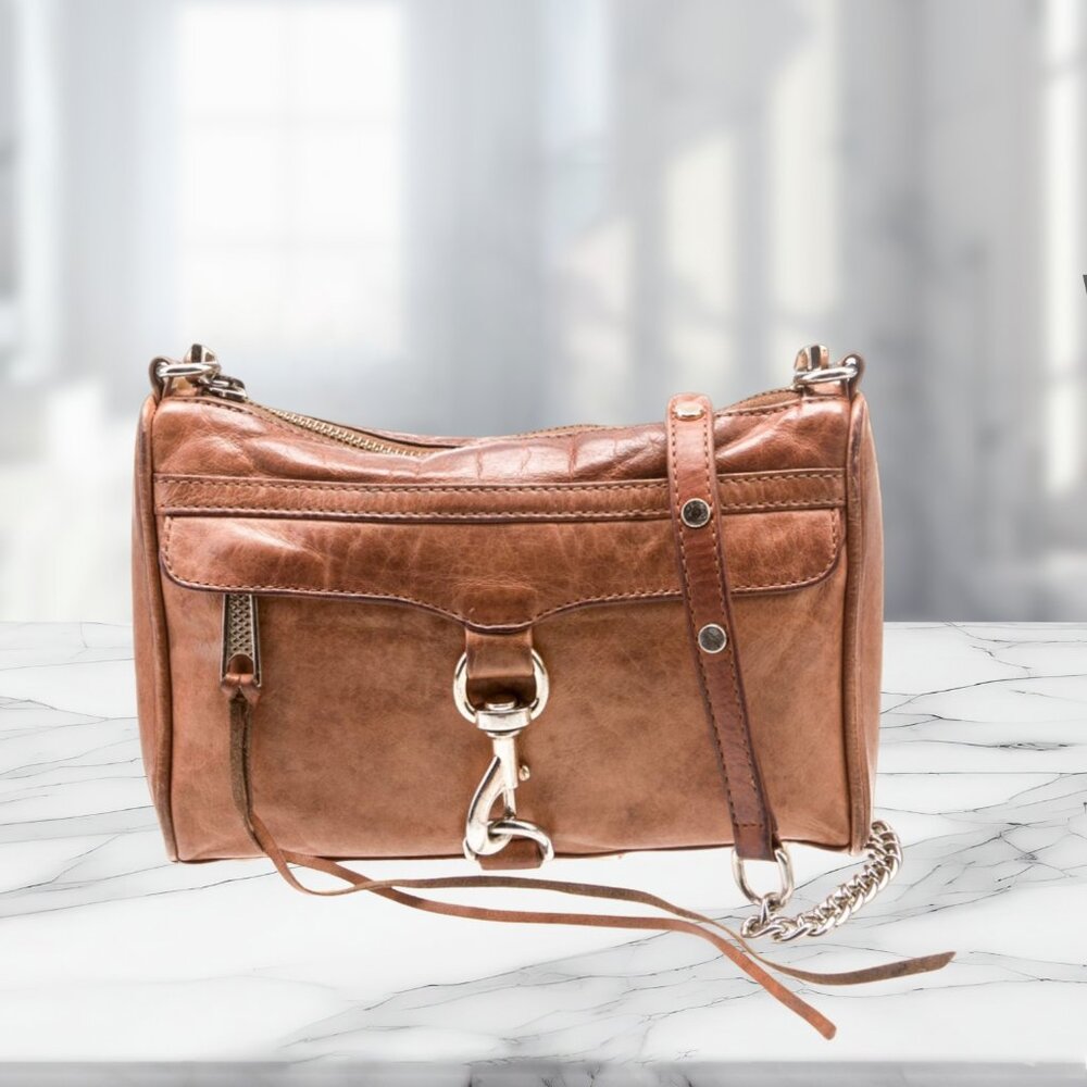 Rebecca Minkoff MAC Crossbody Bag Tan Brown Leather Gold Chain Hardware Purse
